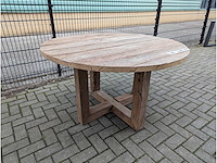 Tuintafel oud eikenhout 130cm rond. houten onderstel - afbeelding 1 van  3