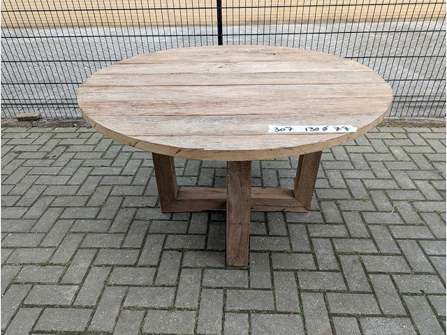 Tuintafel oud eikenhout 130cm rond. houten onderstel - afbeelding 2 van  3