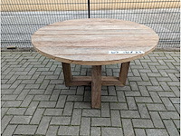 Tuintafel oud eikenhout 130cm rond. houten onderstel - afbeelding 2 van  3