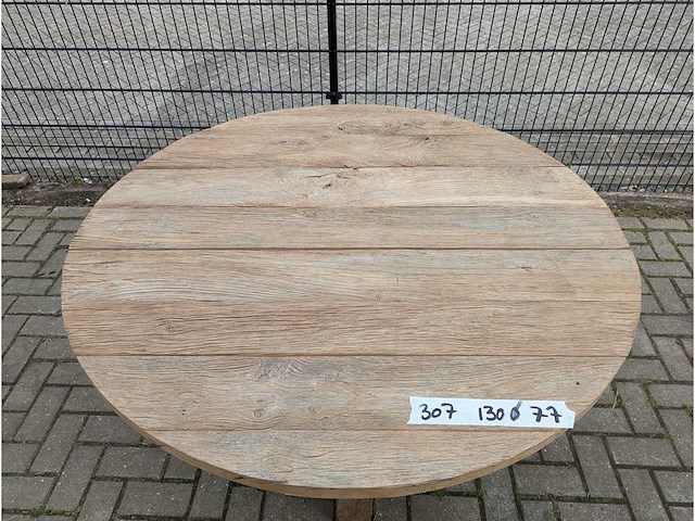Tuintafel oud eikenhout 130cm rond. houten onderstel - afbeelding 3 van  3