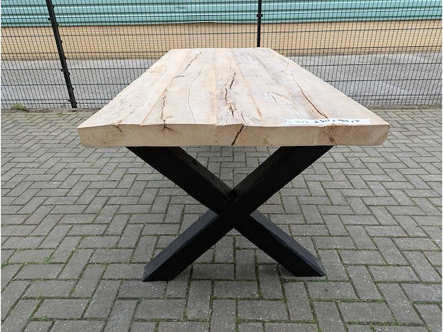 Tuintafel rutiek iepenhout 230 x 95 x 78cm. houten x onderstel - afbeelding 2 van  3
