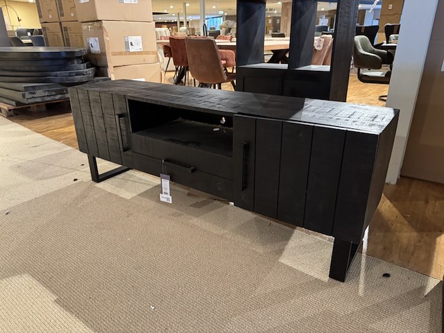 Tv-dressoir, zwart mangohout, zwart metalen onderstel - afbeelding 1 van  6