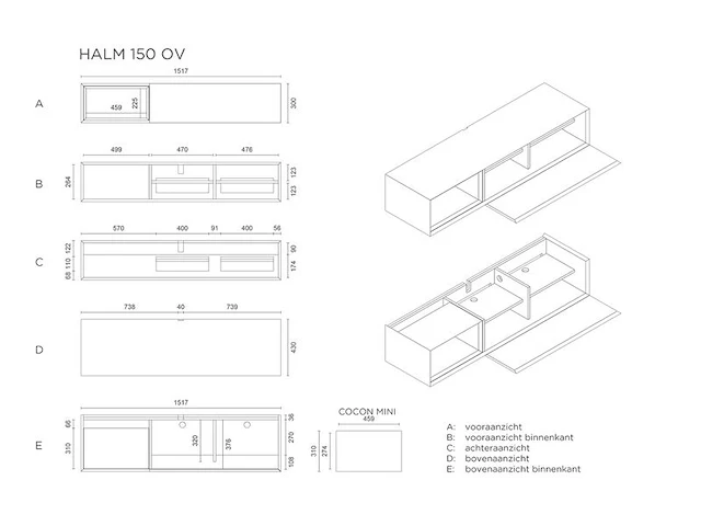 Tv-meubel incl. frame + 2 cocons, raat, halm 150 ov, wit - afbeelding 4 van  5
