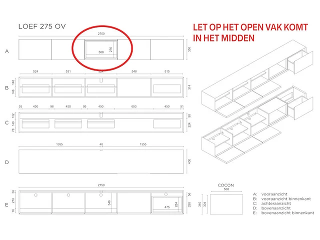 Tv-meubel incl. zwart frame + 2 cocons, raat, loef 275 ov, hoogglans wit - afbeelding 6 van  7