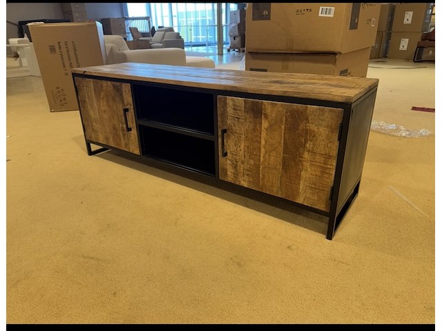 Tv-meubel, naturel mangohout, zwart metalen onderstel - afbeelding 1 van  3