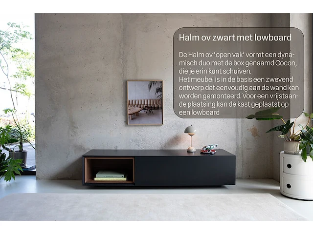 Tv-meubel, raat, halm 150 ov, zwart, met lowboard en 1 cocon - afbeelding 1 van  4