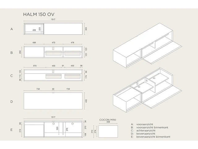 Tv-meubel, raat, halm 150 ov, zwart, met lowboard en 1 cocon - afbeelding 3 van  4