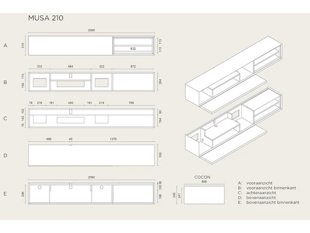 Tv-meubel, raat, musa 210, zacht zwart, met lowboard - afbeelding 3 van  4