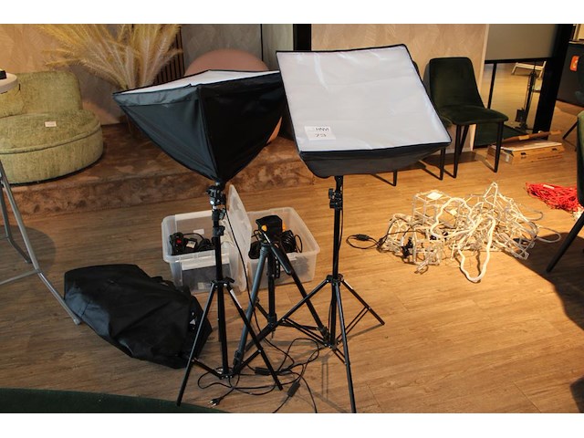 Twee fotolampen en camerastatief. - afbeelding 1 van  3