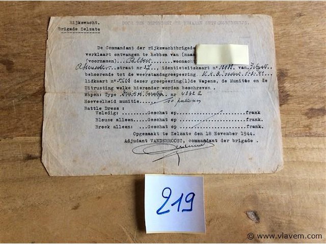 Uittreksel inlevering wapen 1944. - afbeelding 1 van  2