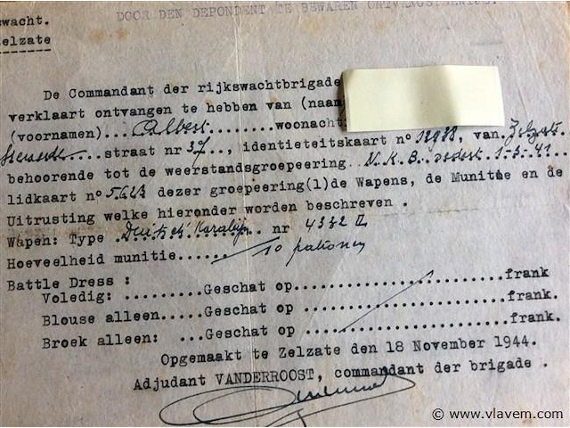 Uittreksel inlevering wapen 1944. - afbeelding 2 van  2