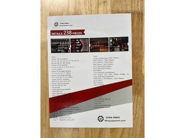 Ultra force equipment - gereedschapstrolley 238 pcs gereedschap - cijferslot - afbeelding 10 van  11