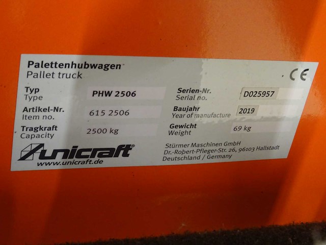 Unicraft - 2019 - phw 2506 - hand hydraulische palletwagen - afbeelding 2 van  2