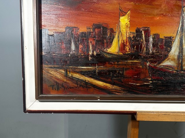 Uniek, gesigneerd olieverfschilderij met havengezicht & zeilboten - 20e eeuw - afbeelding 2 van  17