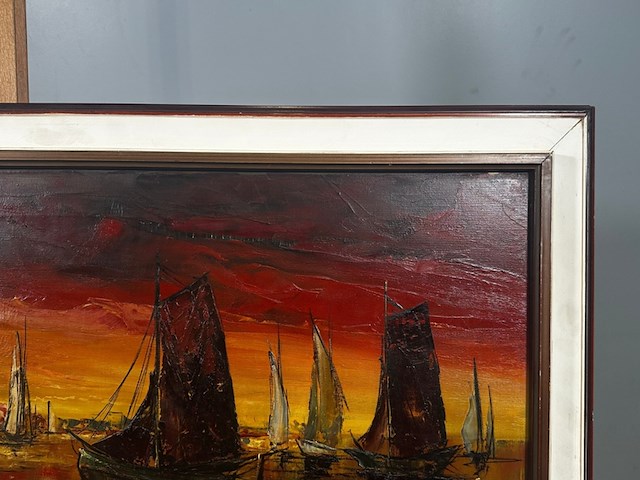 Uniek, gesigneerd olieverfschilderij met havengezicht & zeilboten - 20e eeuw - afbeelding 3 van  17