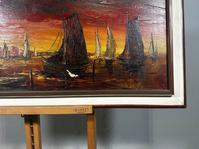 Uniek, gesigneerd olieverfschilderij met havengezicht & zeilboten - 20e eeuw - afbeelding 4 van  17