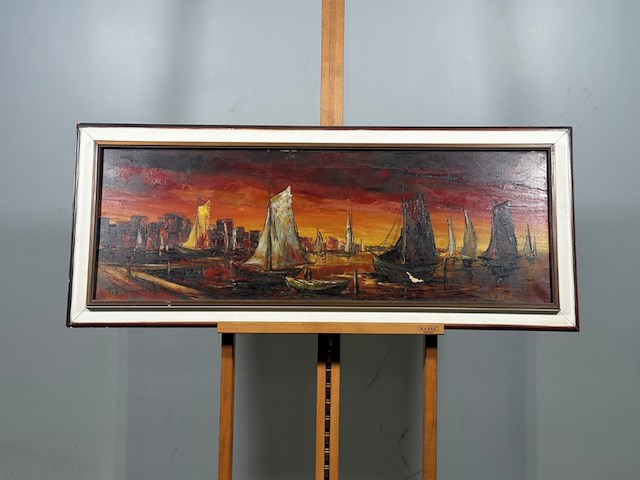 Uniek, gesigneerd olieverfschilderij met havengezicht & zeilboten - 20e eeuw - afbeelding 1 van  17