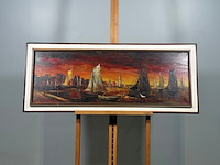 Uniek, gesigneerd olieverfschilderij met havengezicht & zeilboten - 20e eeuw - afbeelding 1 van  17