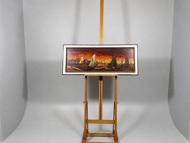 Uniek, gesigneerd olieverfschilderij met havengezicht & zeilboten - 20e eeuw - afbeelding 10 van  17
