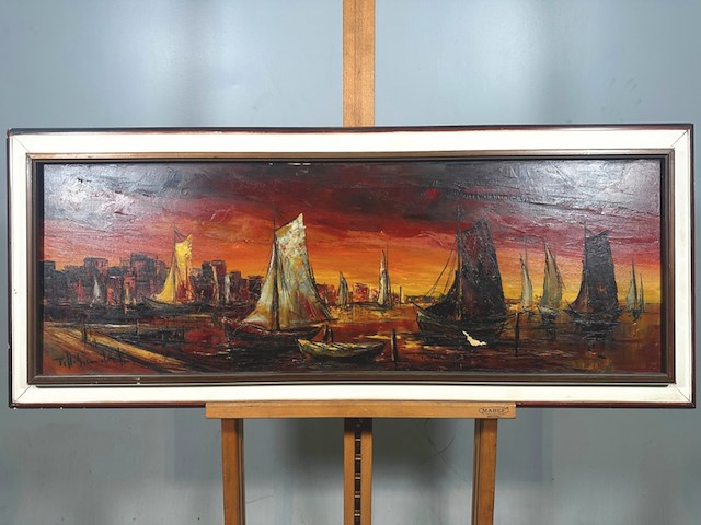 Uniek, gesigneerd olieverfschilderij met havengezicht & zeilboten - 20e eeuw - afbeelding 11 van  17