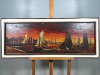 Uniek, gesigneerd olieverfschilderij met havengezicht & zeilboten - 20e eeuw - afbeelding 11 van  17