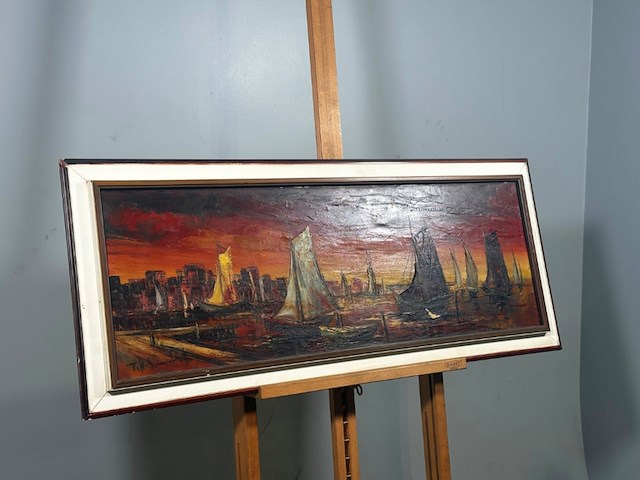 Uniek, gesigneerd olieverfschilderij met havengezicht & zeilboten - 20e eeuw - afbeelding 12 van  17