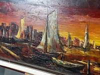 Uniek, gesigneerd olieverfschilderij met havengezicht & zeilboten - 20e eeuw - afbeelding 16 van  17