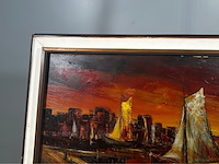 Uniek, gesigneerd olieverfschilderij met havengezicht & zeilboten - 20e eeuw - afbeelding 17 van  17