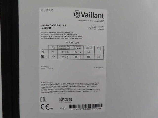 Vaillant - vih rw 300/3 br r1 - unistor - warmtepomp boiler 281l - afbeelding 2 van  2