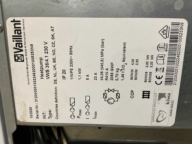 Vaillant vws 36/4.1 230v warmtepomp 2020 - afbeelding 14 van  14