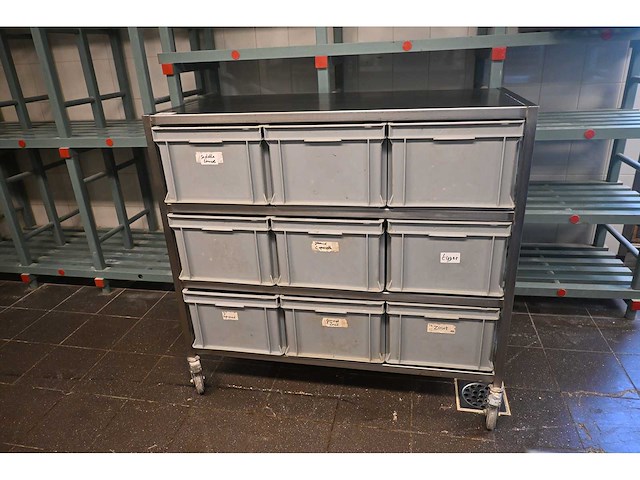 Van ‘t wout mobiele rvs grondstoffen werkbank met 9 kunststof bakken - afbeelding 1 van  6
