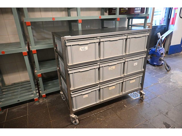 Van ‘t wout mobiele rvs grondstoffen werkbank met 9 kunststof bakken - afbeelding 5 van  6