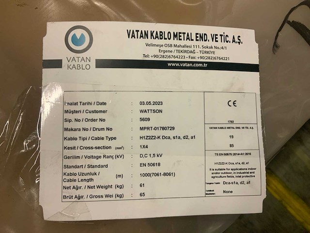 Vatan kablo h1z272-k dca, s1a, d2, a1 haspel solar kabel (12x) - afbeelding 3 van  3
