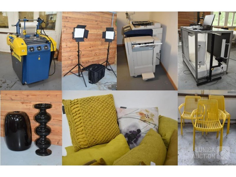 Veiling van inventaris van fotostudio-copyshop met woonaccessoires.