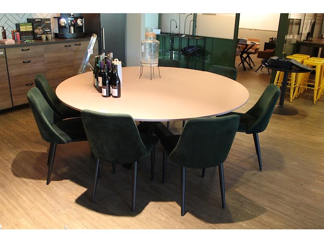 Vergadertafel met kruispoot en 11 groen gestoffeerde stoelen. - afbeelding 1 van  3