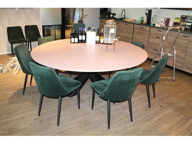 Vergadertafel met kruispoot en 11 groen gestoffeerde stoelen. - afbeelding 3 van  3