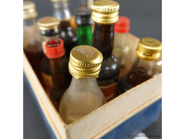 Verzameling vintage miniatuurflesjes (mignons) met diverse soorten alcoholische dranken. - afbeelding 3 van  5