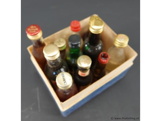 Verzameling vintage miniatuurflesjes (mignons) met diverse soorten alcoholische dranken. - afbeelding 5 van  5