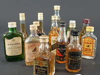 Verzameling vintage miniatuurflesjes (mignons) met diverse soorten alcoholische dranken. - afbeelding 1 van  4