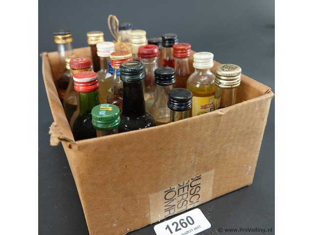 Verzameling vintage miniatuurflesjes (mignons) met diverse soorten alcoholische dranken. - afbeelding 1 van  5