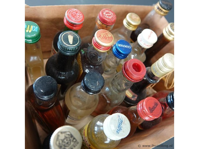 Verzameling vintage miniatuurflesjes (mignons) met diverse soorten alcoholische dranken. - afbeelding 5 van  5