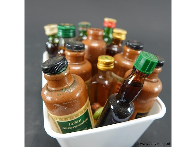 Verzameling vintage miniatuurflesjes (mignons) met diverse soorten alcoholische dranken. - afbeelding 4 van  5