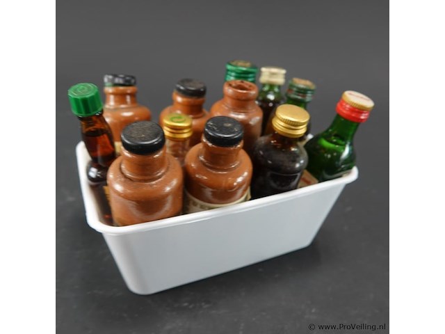 Verzameling vintage miniatuurflesjes (mignons) met diverse soorten alcoholische dranken. - afbeelding 5 van  5