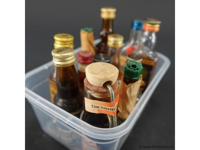 Verzameling vintage miniatuurflesjes (mignons) met diverse soorten alcoholische dranken. - afbeelding 2 van  5