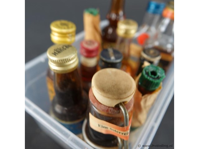 Verzameling vintage miniatuurflesjes (mignons) met diverse soorten alcoholische dranken. - afbeelding 3 van  5