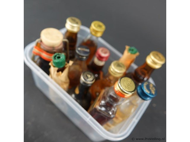 Verzameling vintage miniatuurflesjes (mignons) met diverse soorten alcoholische dranken. - afbeelding 5 van  5