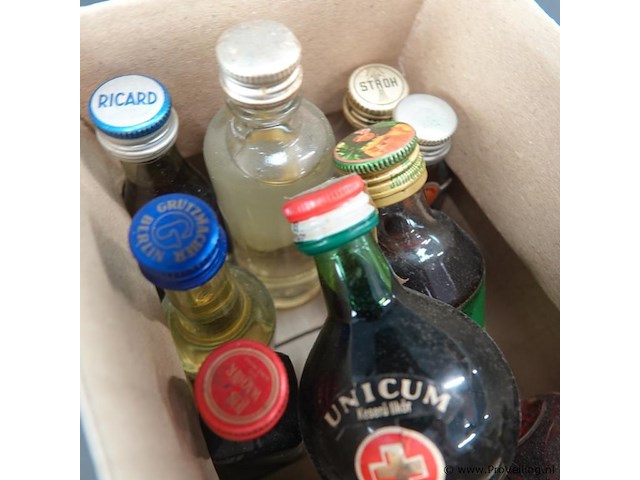 Verzameling vintage miniatuurflesjes (mignons) met diverse soorten alcoholische dranken. - afbeelding 3 van  5
