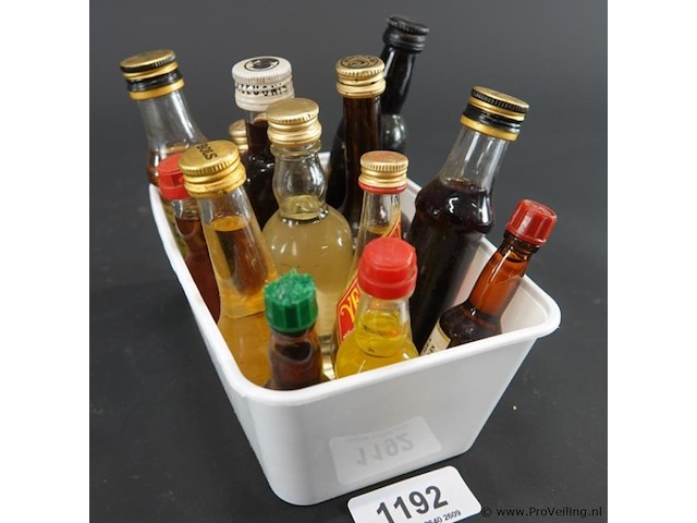 Verzameling vintage miniatuurflesjes (mignons) met diverse soorten alcoholische dranken. - afbeelding 1 van  5