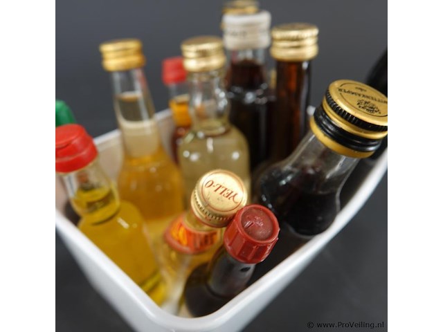 Verzameling vintage miniatuurflesjes (mignons) met diverse soorten alcoholische dranken. - afbeelding 4 van  5