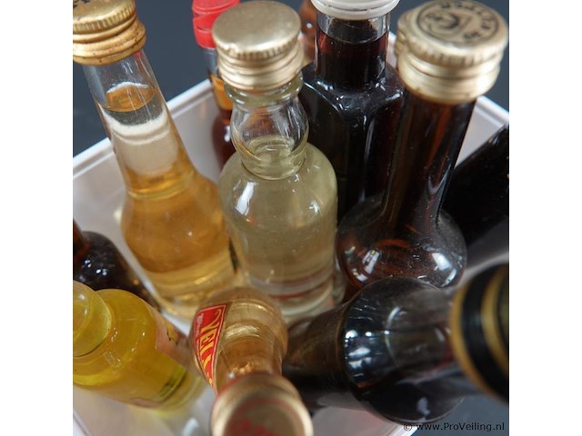 Verzameling vintage miniatuurflesjes (mignons) met diverse soorten alcoholische dranken. - afbeelding 5 van  5